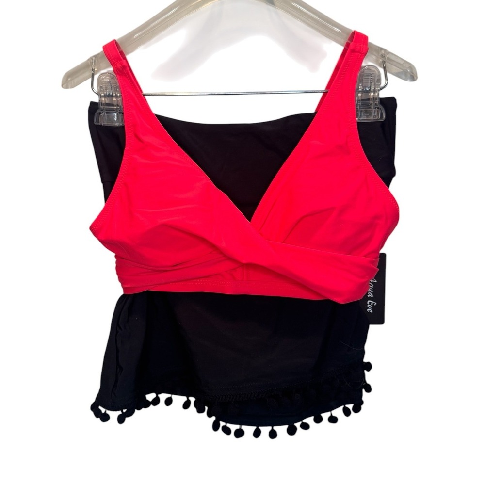 Aqua Eve Red Wrap Bikini Top & Black Pom Pom Swim Skirt Set Medium New